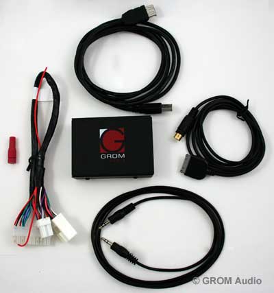 GROM USB MP3 kit consists of GROM main module, vehicle specific radio cable NIS2, USB cable, and optional iPod and AUX 3.5mm cables